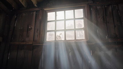 Poster - Light beams filtering through a dusty window in a rustic wooden structure.