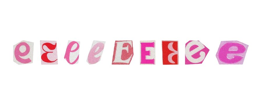 Letter E, barbiecore set of cut-out elements from magazines on a white background, cute retro y2k ransom style