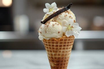 Wall Mural - Vanilla ice cream scoops with vanilla pod and flowers in waffle cone