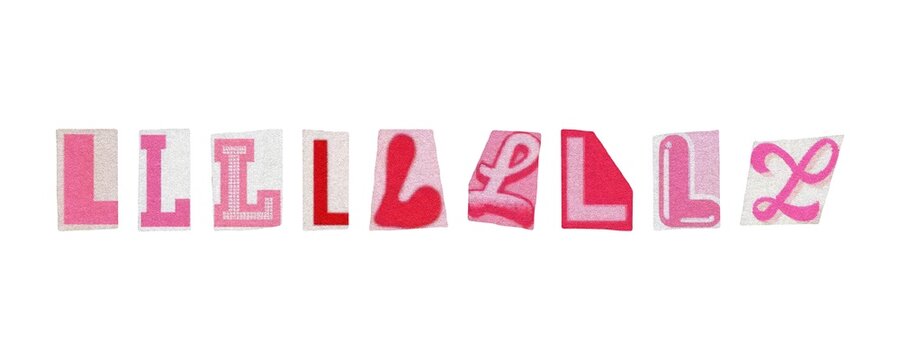 Letter L, barbiecore set of cut-out elements from magazines on a white background, cute retro y2k ransom style