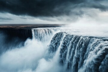 A haunting depiction of Victoria Falls at night, shrouded in mist and illuminated by an eerie full moon, with dark shadows casting across the gorge