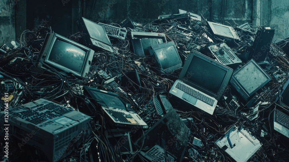 ewaste collection for recycling concept. pile of discarded laptops and