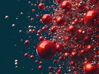 Poster - A vibrant composition of red and silver spheres floating against a dark background.