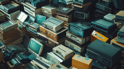 Wall Mural - e-waste collection for recycling concept. Old electronic devices stacked for recycling at facility