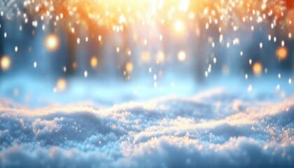 Poster - golden sunlight sparkling over fresh snow, abstract winter background with warm bokeh lights and frosty texture, perfect for seasonal designs