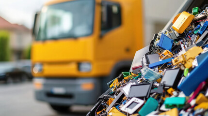e-waste collection for recycling concept. pile of discarded electronic waste near yellow truck, symb