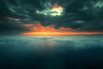 Sticker - Dramatic ocean sunset, stormy sky, aerial view