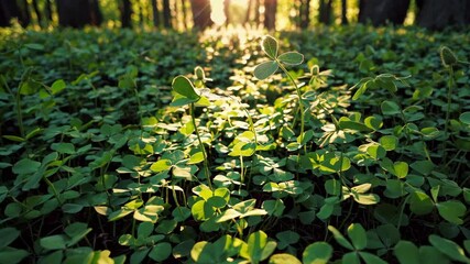 Aufkleber - Sunlit forest floor covered with vibrant green clovers and gentle sunlight, nature tranquility and renewal concept