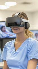 doctor wearing virtual reality headset in hospital setting is smiling