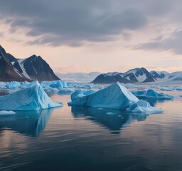 blue icebergs floating in a tranquil spitsbergen arctic ocean , spitsbergen, calm, iceberg