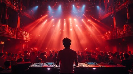 Aufkleber - A DJ stands behind a mixing console, surrounded by an excited audience in a dimly lit venue. Colorful lights illuminate the space, creating an energetic atmosphere during the performance.