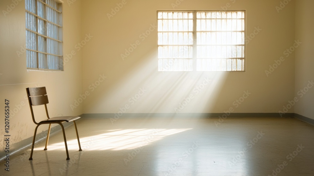 Empty hallway on death row. Empty room with a chair and sunlight ...