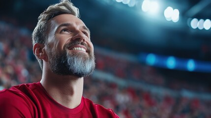 Wall Mural - Happy male sports fan cheering in stadium with bright lights and enthusiastic crowd during a game event