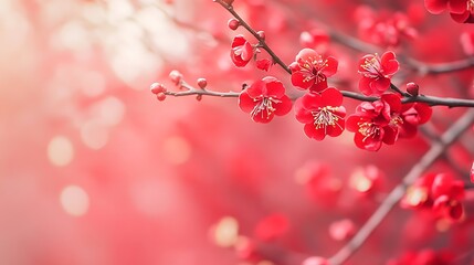 Close-up of vibrant red blossoms on a tree branch, bathed in soft sunlight.
