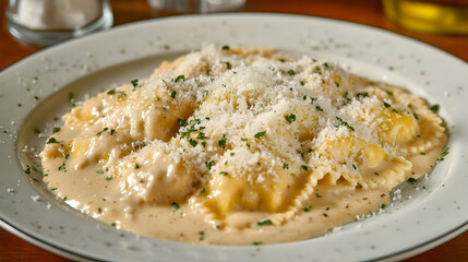 A clean plate of cheese ravioli topped with creamy Alfredo sauce and freshly grated Parmesan cheese under even lighting