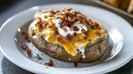 A clean white plate featuring a loaded baked potato with melted cheese, sour cream and crispy bacon bits under bright studio lighting