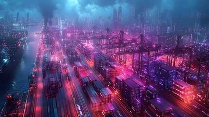Aufkleber - Futuristic and innovative aerial port scene featuring cargo containers cranes and stunning 3D digital data visualizations in a vibrant purple and blue light effects