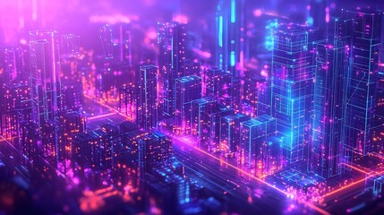 Leinwandbilder - Aerial view of a futuristic city skyline with skyscrapers and a vibrant port highlighted by interactive 3D digital overlays in vivid purple and blue tones