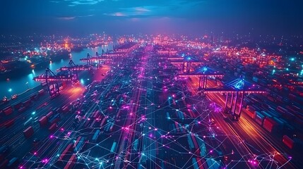 Aufkleber - Aerial view of a high tech shipping port with a vibrant futuristic communication network in glowing purple and blue hues featuring towering skyscrapers cranes and containers against a dynamic