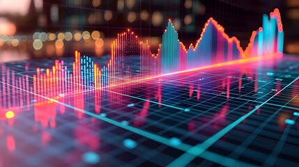 Fototapete - Visually striking and contemporary data visualization featuring dynamic line and bar charts in bright vivid colors overlaid on a subtle grid background