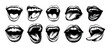 © ONYXprj - Smiling mouths black ink sketch vector set. Plump lips tongue teeth open closed grinning human face part different emotion, grayscale isolated illustrations on white background