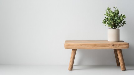 Wall Mural - Minimalist Wooden Table with Potted Plant on Neutral Wall Background for Modern Interior Design