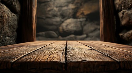 Poster - Rustic Wooden Table Against Stone Wall Background