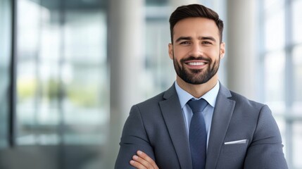 Confident businessman smiling in modern office with blurred background and natural light, professional attire