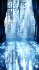 Sticker - Winter sunlit room, window view, snowy trees, backdrop