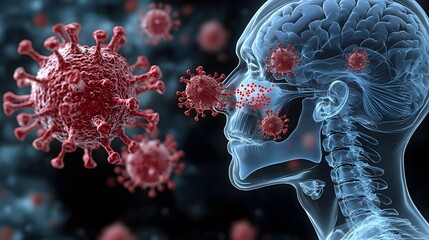 Aufkleber - Conceptual 3D rendering of an X ray view of a human head focusing on the respiratory pathway and passage with red viruses floating and entering for educational and medical visualization purposes