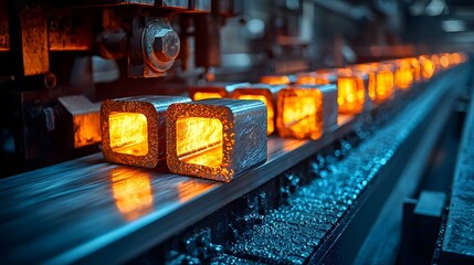 Poster - Close up capture of glowing metal rods emitting radiant heat moving along a conveyor belt in a modern high tech manufacturing facility  The image showcases the industrial process of metalworking