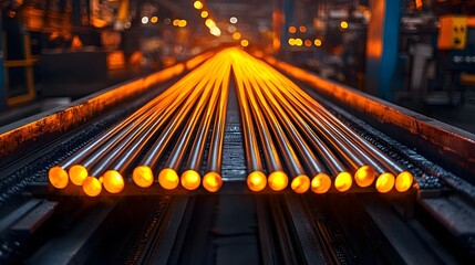Poster - Close up image of glowing metal rods moving on a conveyor system in a busy industrial factory setting  The rods appear to be heated and are being transported through the manufacturing process