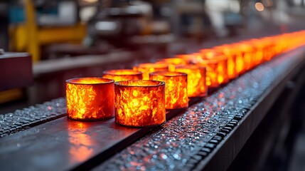 Poster - Close up view of a conveyor belt carrying glowing red hot metal rods in an industrial manufacturing facility