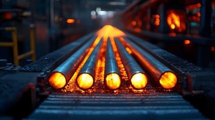 Poster - close up view of a factory conveyor belt transporting glowing hot metal rods emitting radiant heat and energy in an industrial manufacturing setting