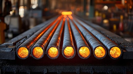 Poster - Close up View of Glowing Hot Metal Rods Being Transported on an Industrial Conveyor Belt Inside a Manufacturing Facility or Workshop  Automated Production Process