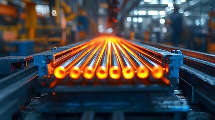 Poster - Close up View of Glowing Red Hot Metal Rods Traversing on Automated Conveyor System in a Bustling Industrial Factory Environment