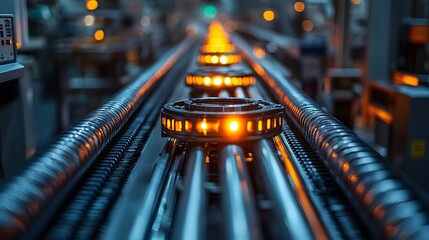 Poster - Close up view of heated metal rods emitting radiant light as they move along a conveyor belt within a high tech industrial factory environment