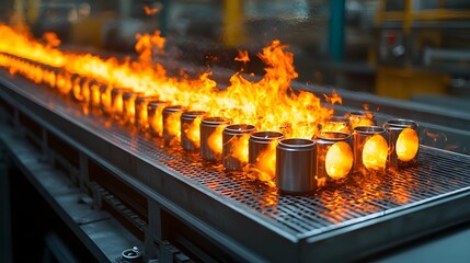 Poster - Detailed industrial image showcasing a conveyor system in a factory transporting fiery hot metal rods that are radiating intense heat and bright light