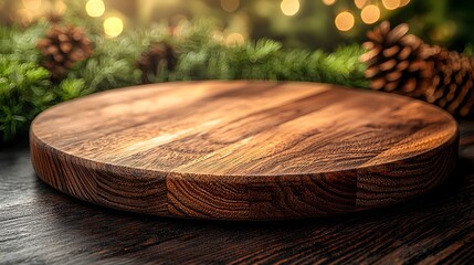 Poster - Detailed side view of a rustic wooden plate used as a background enhanced by a warm bokeh glow creating a cozy and natural setting perfect for various interior design or food photography projects