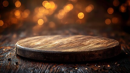 Fototapete - Detailed side view of a rustic wooden plate used as a background enhanced by a warm bokeh glow creating a cozy and natural setting perfect for food recipe or lifestyle photography
