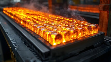 Poster - Fiery Glow of Molten Metal Rods on Industrial Conveyor Belt in High Definition A Captivating Glimpse into the Intense Heat and Energy of the Manufacturing Process