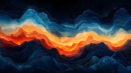 Poster - Flowing gradient wave patterns in vibrant blue orange and black colors with a textured noise effect