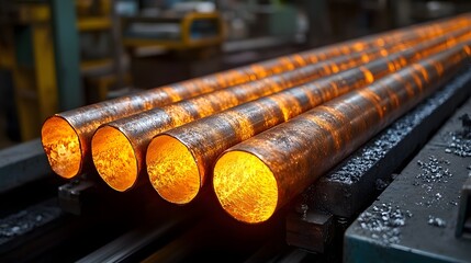Poster - Glowing metal rods in an intense orange hue move along an industrial conveyor system in a factory setting  The rods appear to be part of a manufacturing or metalworking process