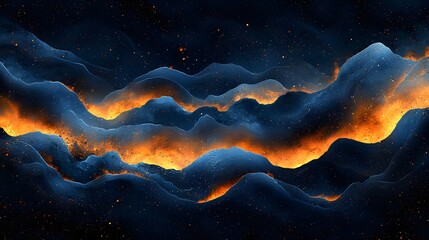 Poster - Mesmerizing Abstract Gradient Landscape with Fiery Wave Textures   A striking digital artwork featuring a dynamic moody gradient of blues and oranges with flowing wave shapes and textured elements