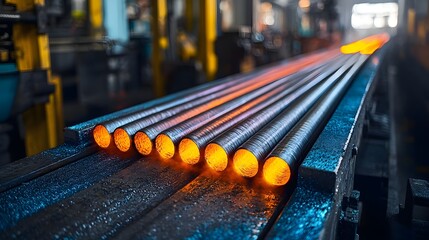 Poster - Vibrant industrial scene showcasing intense glow and heat from metal rods on a factory conveyor belt  The molten material emits a bright orange light