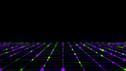 Poster - Abstract grid with blue light on black background. Science background with moving dots and lines. Network connection technology. Digital structure with particles. 3d rendering.