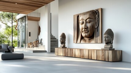 Poster - Impressive Large Wooden Sculpture Showcasing Intricate Carvings and Natural Grain Textures in an Artistic Outdoor Display