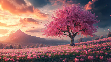 Wall Mural - gorgeous pink blooming tree in full bloom during spring, creating a peaceful nature scene.