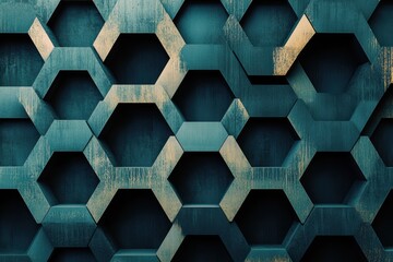 Poster - Unique hexagonal pattern with a modern aesthetic in deep teal tones and subtle gold accents