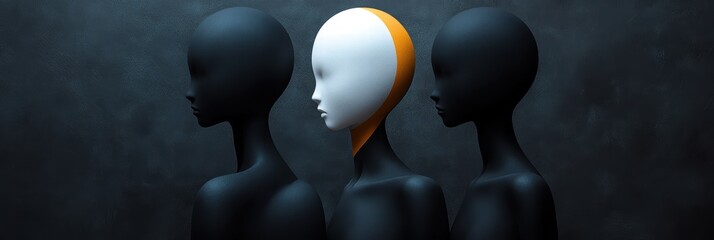 Poster - Figures in monochrome and orange with abstract forms in confined space